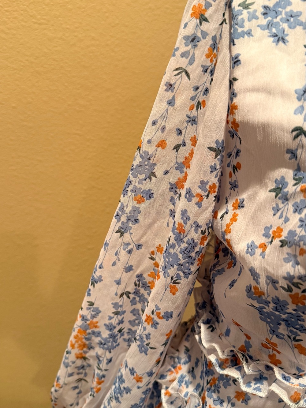 White Floral Ruffled Tiered Mini Dress - Blue & Orange Print - Picture 3 of 3